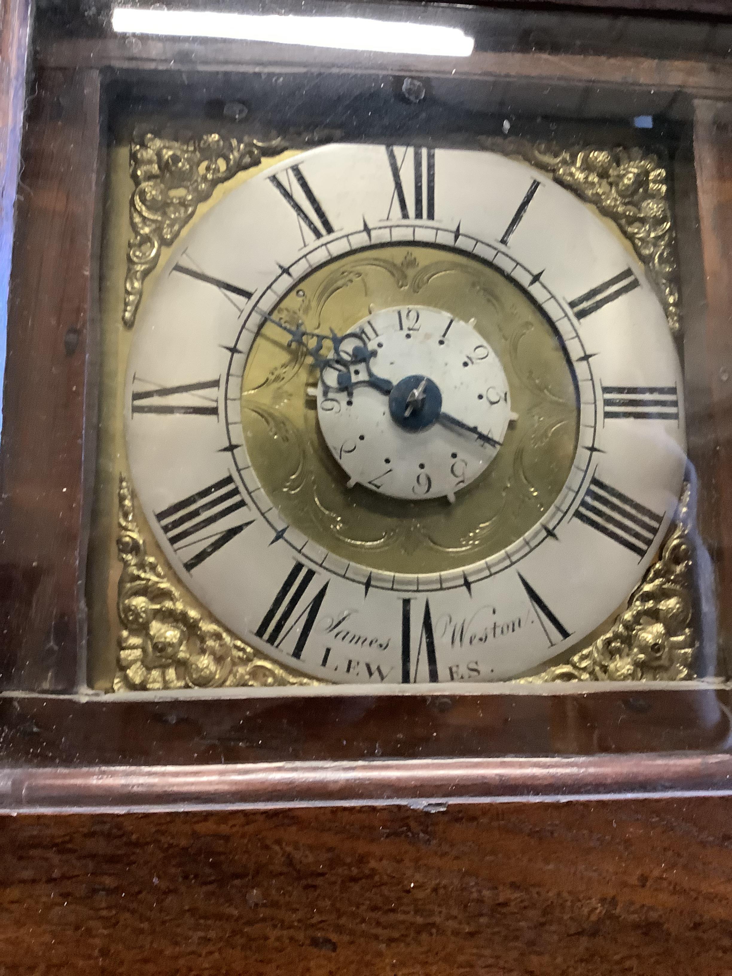 James Weston, Lewes. An oak wall clock, the 6.25in. dial with central subsidiary dial, height 53cm